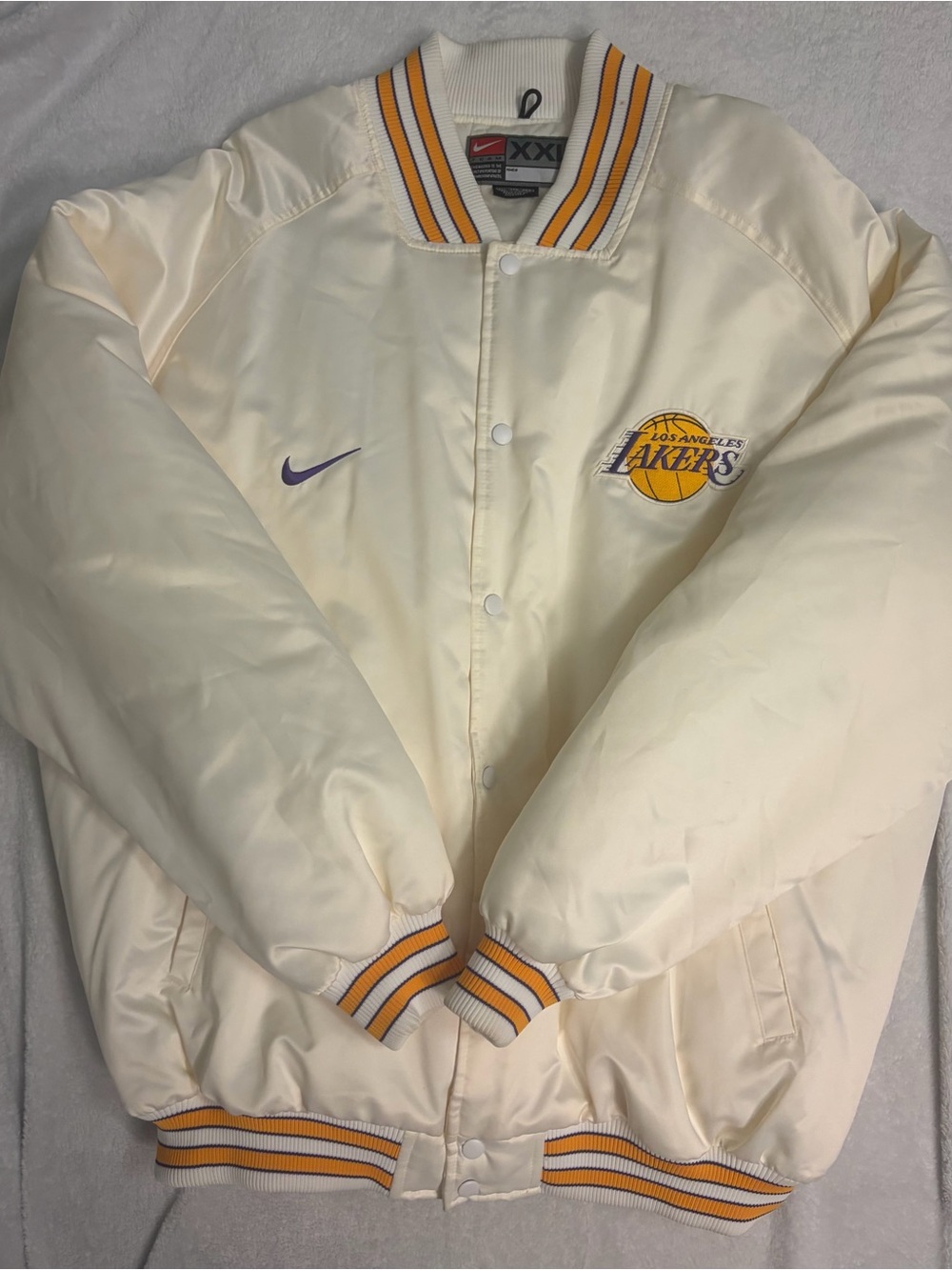 Nike Cream Los Angeles Lakers Satin Bomber Jacket with Purple & Gold Accents